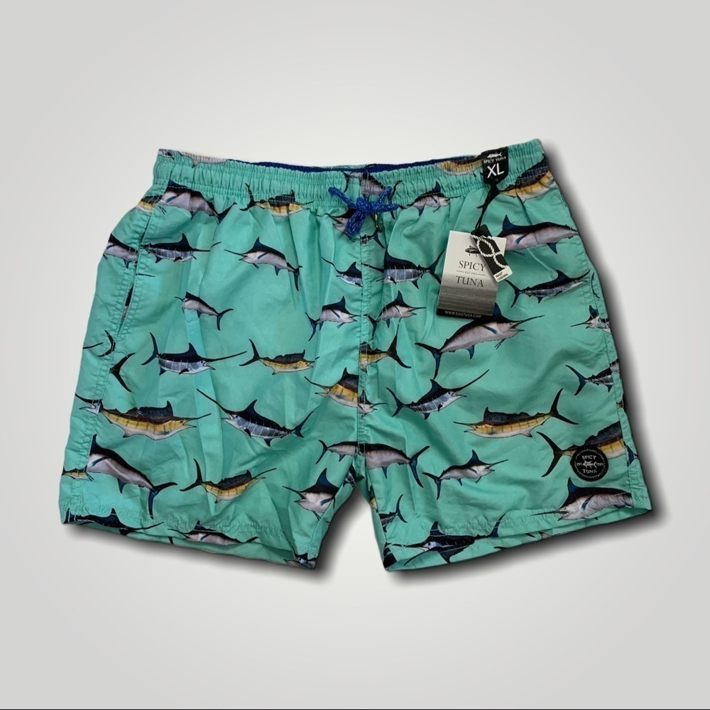 Spicy Tuna Color Seafoam Marlin Print Swim Trunks